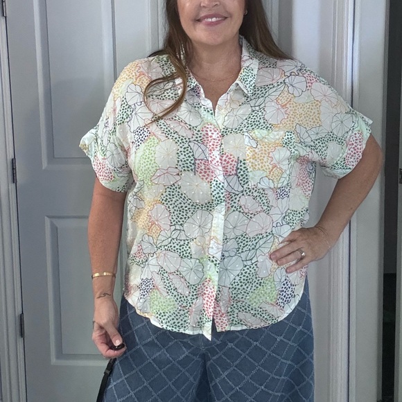 Lightweight Floral Dot Print Button-Up Collared Blouse - White Multicolor - Picture 4 of 4